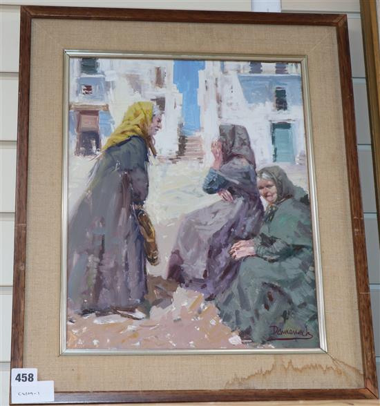 Domeneck, oil on canvas, Greek? street scene with elderly women, signed, 41 x 32cm.